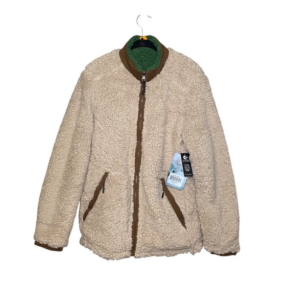 NWT Reversible‎  Sherpa Teddy Coat Jacket Dark Green Tan Small Cozy Two Tone - Picture 1 of 6